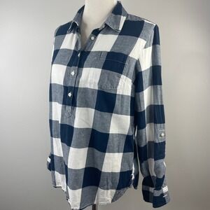 Tommy Hilfiger Navy White Buffalo Plaid Popover Shirt Womens Large L Long Sleeve